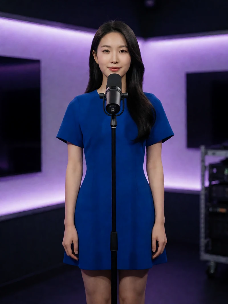 虚构成年女主播穿蓝色女团风短裙居中站在夜间直播棚麦克风前
