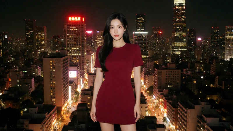 虚构成年女性穿酒红短裙居中站在城市夜景与霓虹灯前