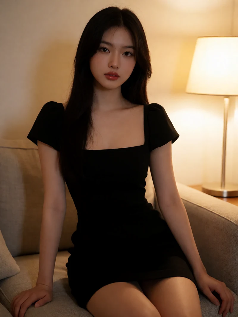 虚构成年女性穿黑色短裙居中坐在夜间客厅沙发边，旁有暖色台灯